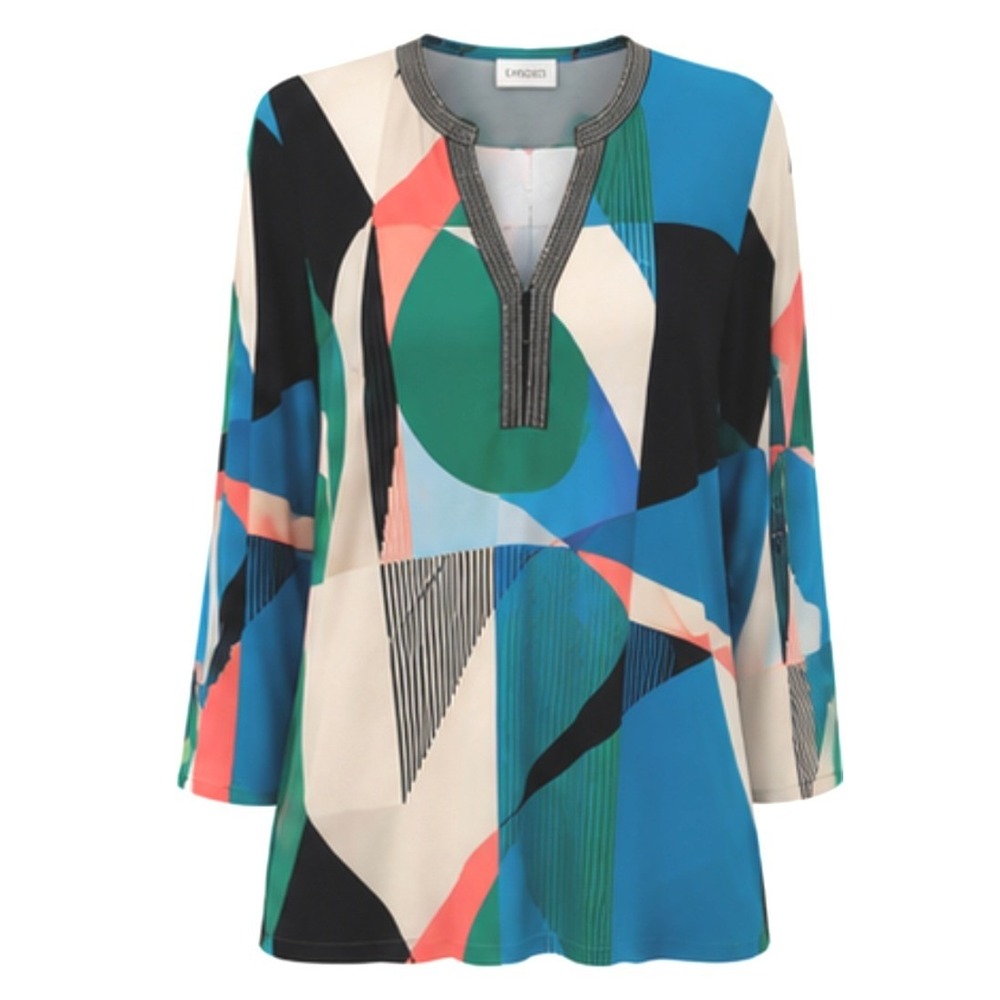 Chico's Geometric Print Top M Multicolor Metallic V-Neck Trim Slinky Knit Blouse